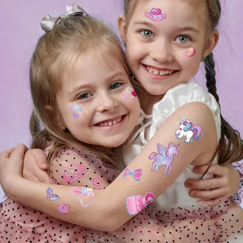 Miniatura 6 de Tatuajes Temporales Impermeables - 143pcs Tatuajes Falsos Geniales para Fiestas de Cumpleaños de Niñas, Detalles de Fiesta, Zapatos de Princesa Rosa