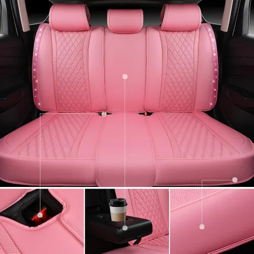 Miniatura 7 de Car Pass Funda de asiento, cuero napa rosa, asientos delanteros, impermeable, resistente, antideslizante, universal para el 95% de automóviles, SUV
