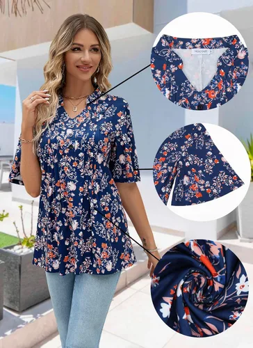 Miniatura 2 de HOCOSIT - Camiseta de manga corta con olanes y cuello en V con estampado de flores, plisada y abotonada, para mujer