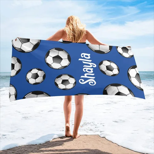 Miniatura 7 de Toalla de playa personalizada con diseño de pelotas de fútbol divertidas con nombre, toallas de piscina de viaje de microfibra personalizadas de 2