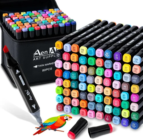 Juego de marcadores de alcohol, marcadores de dibujo artístico de doble punta de 80 colores, bolígrafos de artista con estuche organizador para