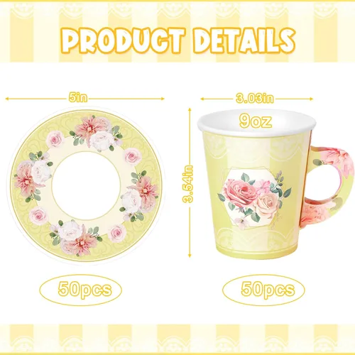 Miniatura 2 de Zopeal 100 piezas desechables para decoración de fiesta de té, taza de papel floral de 9 onzas con asa y platillo para el día de la madre, boda