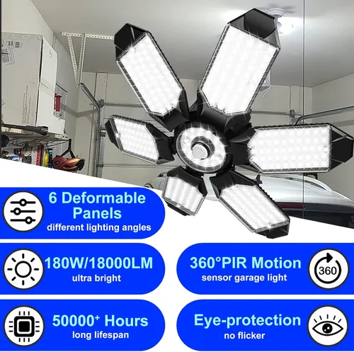 Miniatura 5 de Luces LED de garaje, 180 W, 18000 lúmenes, luz de techo de garaje deformable con 6+1 paneles ajustables, base E26/E27 6500 K, luz diurna LED