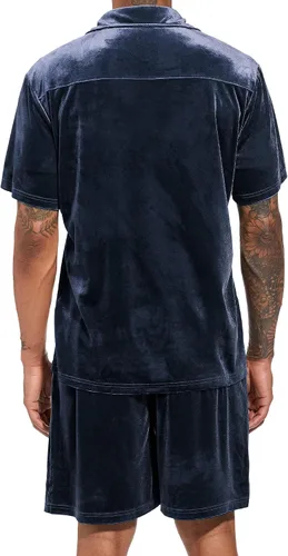 Miniatura 28 de LecGee Conjunto de pantalones cortos casuales de verano para hombre, camisa de terciopelo de manga corta con botones, pantalones cortos de cintura