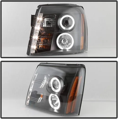 Miniatura 5 de AKKON - Para 02-06 Cadillac Escalade bisel negro anillo halo DRL tira de luz LED halógena tipo proyector faros delanteros Carcasa negra