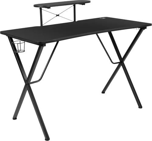 Miniatura 10 de Flash Furniture Juego de escritorio para juegos negro y silla de carreras blanco/negro con soporte para tazas, gancho para auriculares y soporte