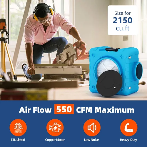Miniatura 4 de Depurador de aire de 550 CFM con filtración de 3 etapas, depuradores de aire comerciales, máquina de aire negativo para uso industrial doméstico