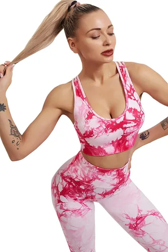 Miniatura 2 de YuMENo Conjuntos de entrenamiento de teñido anudado para mujer, 2 piezas, sin costuras, cintura alta, leggings de yoga con brasier deportivo, ropa