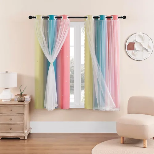 Miniatura 99 de XiDi Cortinas opacas con estrellas para habitaciones de niños, cortinas verdes para ventana de dormitorio de niños, azul y gris, 52 pulgadas de Azul