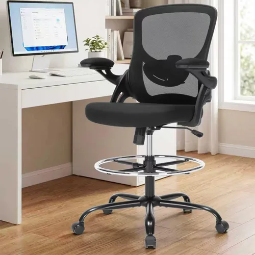 Silla de redacción ergonómica Comuputer Silla de escritorio de pie con brazos abatibles y soporte lumbar, silla de oficina alta con reposapiés