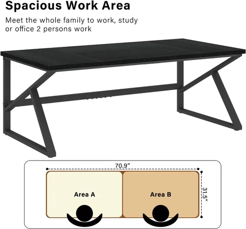 Miniatura 4 de HSH Escritorio Largo de 70 Pulgadas Negro, Escritorio Grande de Metal y Madera para 2 Monitores, Escritorio Moderno para Computadora de Oficina