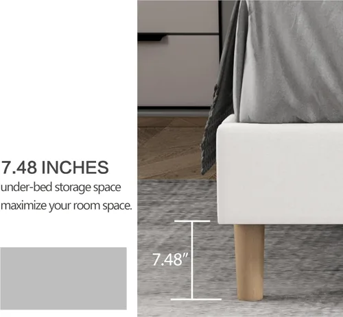 Miniatura 4 de Marco de Cama Tapizada de Plataforma Tamaño Full con Cabecero, Soporte de Listones de Madera Resistentes, No Necesita Somier, Montaje Fácil, Beige