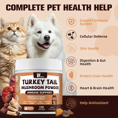 Miniatura 3 de Suplemento de hongos con probióticos para perros y gatos, hongo de cola de pavo para mascotas, polvo de hongos para impulso inmunológico y salud