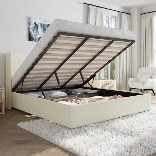 Miniatura 20 de SHA CERLIN - Cama de tamaño completo con almacenamiento elevado/Cabecero abatible moderno/Base de cama tapizada con plataforma/Almacenamiento Beige