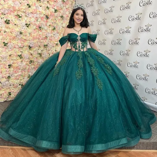 Miniatura 3 de Mouccy Vestidos de quinceañera de encaje con purpurina con cuentas y hombros descubiertos dulces 16 vestidos con tren perlado XV vestidos
