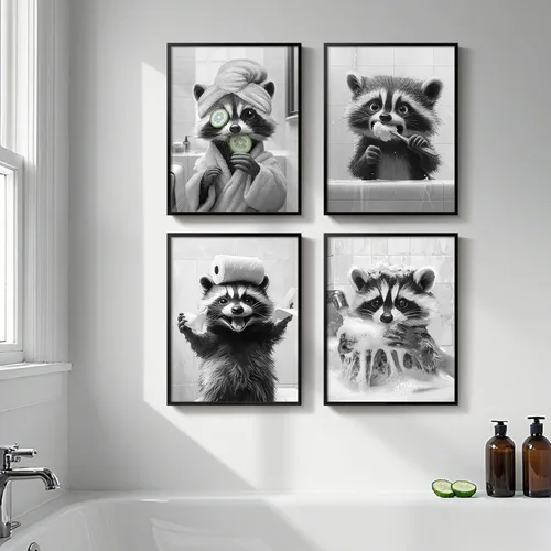 Miniatura 10 de Arte de pared divertido de vaca de las tierras altas enmarcado para baño, 4 piezas de divertidos animales, impresiones artísticas azul marino, linda