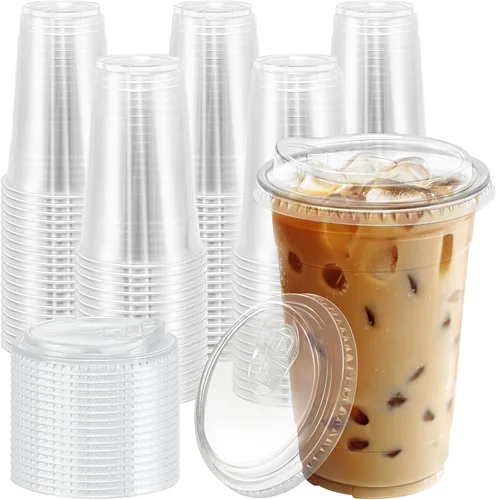 Miniatura 11 de BYSNOW Paquete de 100 vasos de plástico transparente de 16 onzas con tapas, tazas desechables para café helado con tapas para sorber, vasos