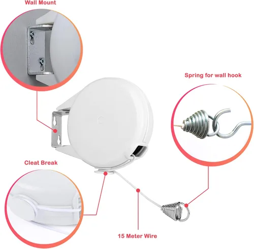 Miniatura 3 de Tendedero retráctil de 49 pies para interiores y exteriores. Tendedero resistente que soporta hasta 30 libras, línea de lavado - Línea de ropa