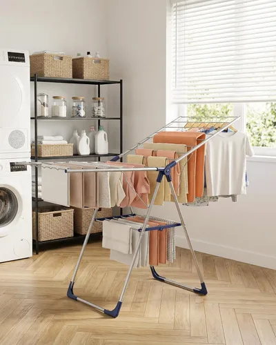 Miniatura 7 de Sakugi Tendedero de ropa con alas ajustables en altura, soporte plegable de metal para secadora de ropa y ropa de cama, plegable independiente
