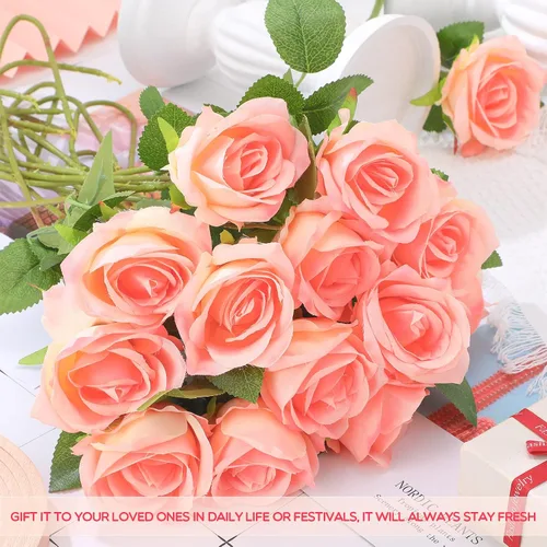 Miniatura 4 de Jexine 50 piezas de flores de rosa artificiales a granel realistas de seda falsa con tallo largo, ramo de flores artificiales de plástico de aspecto
