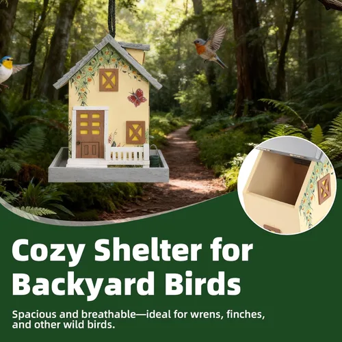 Miniatura 5 de MEWANG Comedero colgante para pájaros al aire libre, casa decorativa de madera para pájaros sin cámara para colibríes, cardenales y pájaros azules