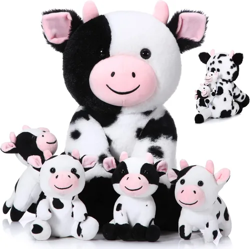 Sumind 5 piezas de conjunto de animales de peluche de vaca de 13.78 pulgadas, mami vaca de peluche con 4 lindos becerros en su barriga, grandes