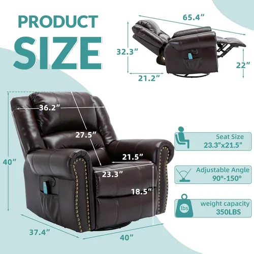 Miniatura 2 de MEETWARM Sillón reclinable giratorio de masaje con calor y vibración, mecedora manual mecedora, silla reclinable giratoria de 360° con control