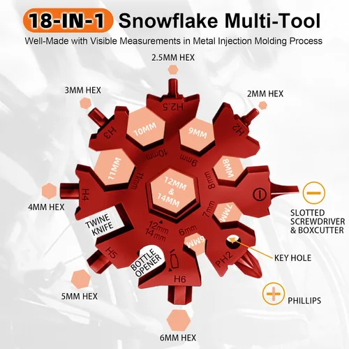 Miniatura 2 de Vickay Multiherramienta de copo de nieve 18 en 1, kit de destornillador plano Phillips, llave/abridor de botellas, equipo de campamento EDC, regalos