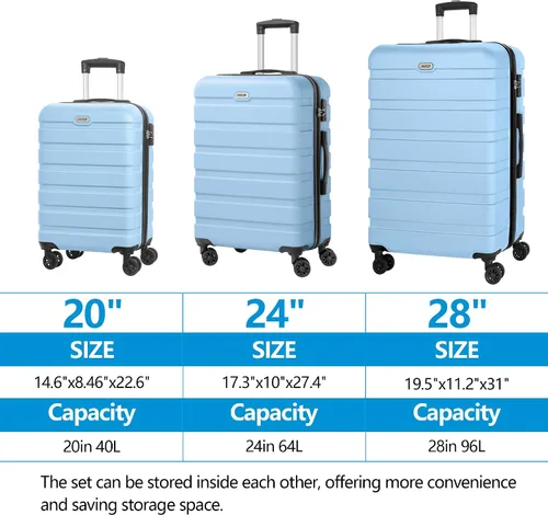 Miniatura 3 de AnyZip Equipaje PC ABS Hardside maleta ligera con 4 ruedas universales TSA Lock, azul claro