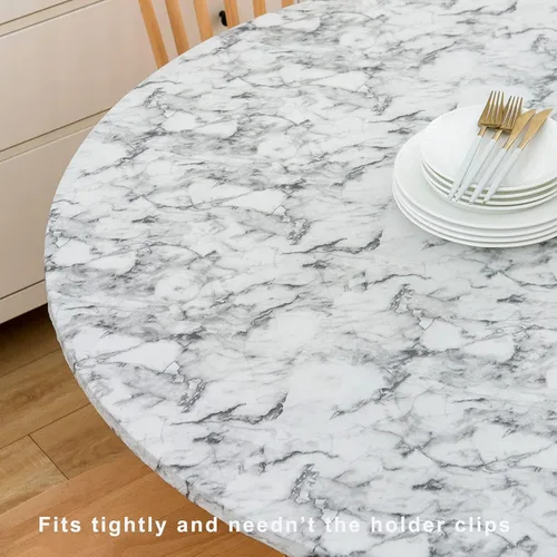 Miniatura 5 de LIBERECOO Mantel redondo de vinilo ajustable con reverso de franela, borde elástico, impermeable, resistente a las manchas, lavable, se adapta a