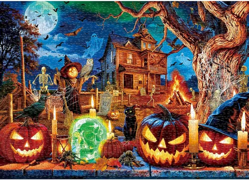 Miniatura 2 de Sutinban Rompecabezas de Halloween de 1000 piezas para adultos, calavera de terror, cabeza de calabaza, rompecabezas de casa encantada de Halloween