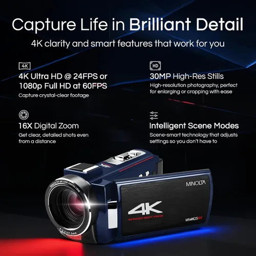 Miniatura 2 de Minolta Videocámara - 4K Ultra HD, fotos de 30 MP, visión nocturna con LED IR, zoom 16X, lapso de tiempo, antivibración, pantalla táctil de 3 Negro