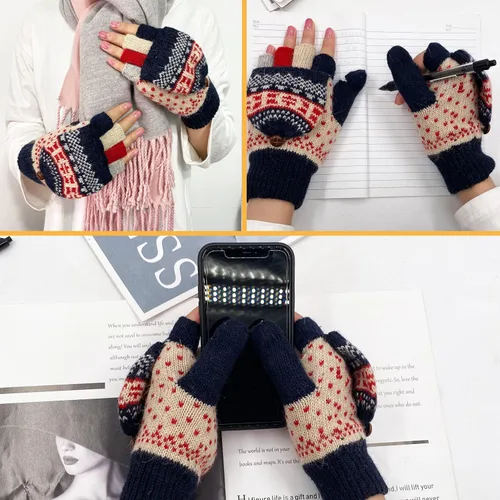 Miniatura 39 de Beurlike Guantes de invierno para mujer, de lana cálida, a prueba de viento, convertibles, sin dedos