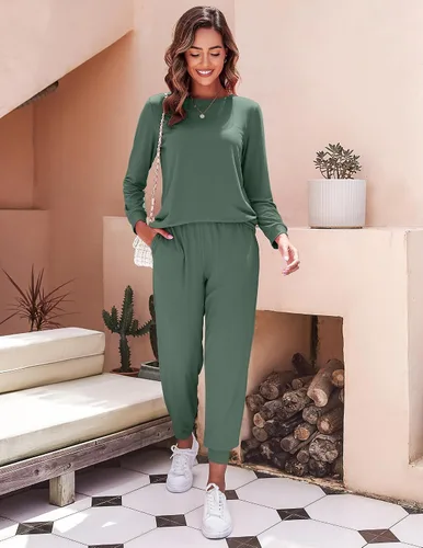 Miniatura 272 de Ekouaer Conjunto de pijama de manga larga para mujer, ropa de dormir suave con cuello redondo y bolsillos