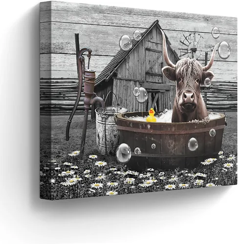 Miniatura 9 de Divertido arte de pared de vaca de las tierras altas, imágenes de baño, decoración de granja, 12 x 16 pulgadas enmarcado