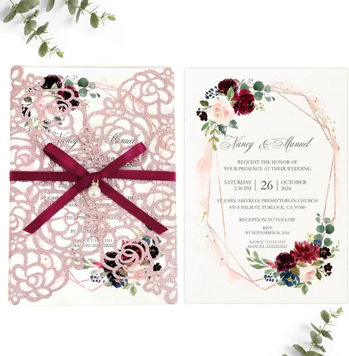Miniatura 8 de DORIS HOME 50 invitaciones de quinceañera cortadas con láser con sobre, invitaciones de purpurina rosa de 4.9 x 7.2 pies cortadas con láser