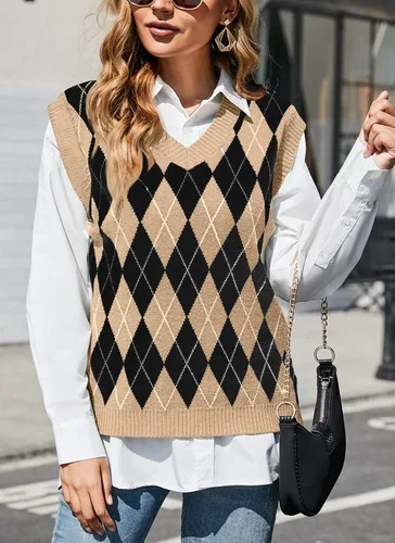 Miniatura 3 de HOCOSIT Chaleco de punto con cuello en V para mujer, estilo preppy a cuadros, sin mangas, suéter corto