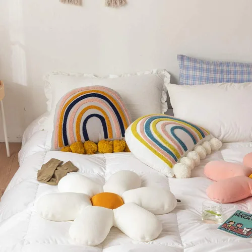 Miniatura 3 de vctops Cojín decorativo de algodón con borlas y estilo bohemio arco iris con relleno de almohada para sofá, cama, sala de estar