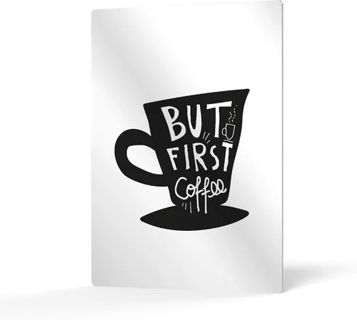 HB Art Design Taza con texto en inglés "But First Coffee" (But First Coffee Quote - Taza en blanco y negro) con impresión de metal, arte de pared de