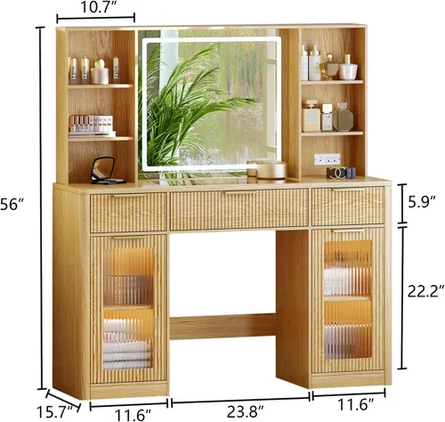 Miniatura 2 de Tocador grande de 47 pulgadas, moderno escritorio de maquillaje acanalado con espejo y luces, tocador superior de cristal con 3 cajones y 2 armarios