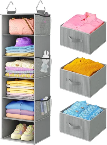 Miniatura 8 de Pipishell Organizador colgante de armario con 6 estantes, estantes colgantes para armario con 3 cajones extraíbles y bolsillos laterales