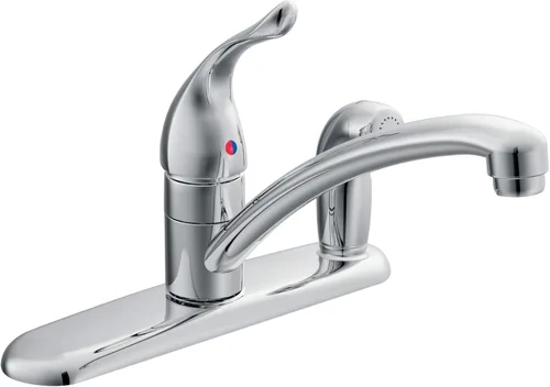 Moen Chateau Grifo de Cocina Cromado de Una Manija de Arco Bajo con Rociador Lateral en Placa de Cubierta para Configuración de 3 Agujeros, 7434