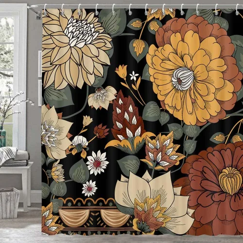 Miniatura 25 de Torich Cortina de ducha floral bohemia, abstracta de mediados de siglo, decoración bohemia, cortinas de baño, flores botánicas, hojas tropicales