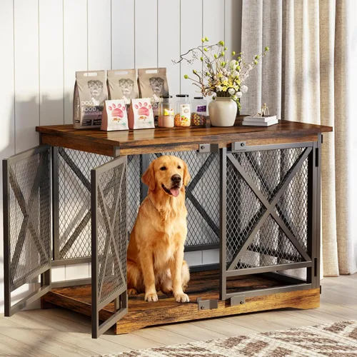 COZPAW Mueble de jaula grande para perros - Jaula de interior de 48 pulgadas de alta resistencia para raza extragrande con puertas dobles, jaula de