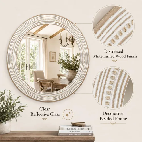 Miniatura 2 de Reflinto Espejos redondos de madera boho de 24 pulgadas para decoración de pared, espejo circular decorativo rústico para baño, sobre fregadero