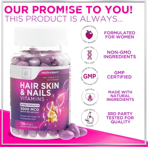 Miniatura 4 de Vitaminas para el cabello para mujeres para el crecimiento del cabello, suplemento con infusión de argán con colágeno, biotina y ácido hialurónico