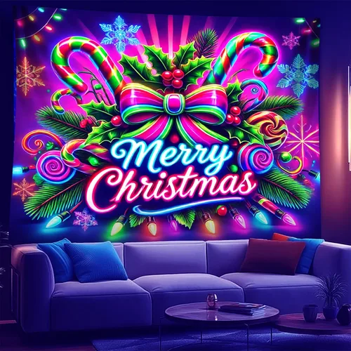 Miniatura 16 de NYZE - Tapiz de Navidad con Papá Noel, tapiz de luz negra que brilla en la oscuridad, colgante de pared, banner festivo, decoración para fiesta