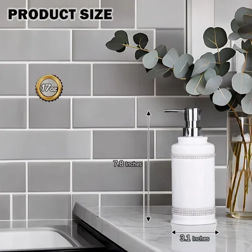 Miniatura 5 de Botella dispensadora de jabón de mano de 17 onzas líquidas y loción, de cerámica, color blanco para cocina, baño, encimera, lavandería, capacidad