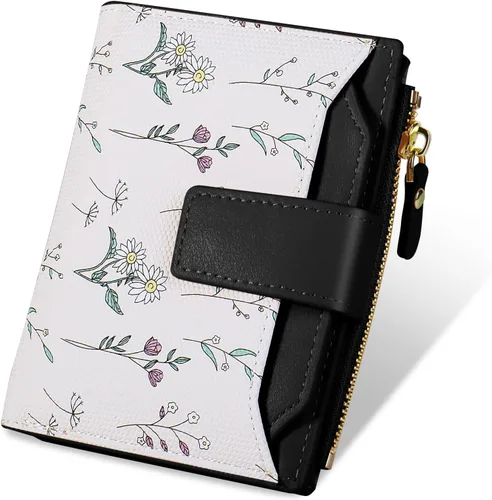 Cartera Pequeña para Mujer - Cuero Suave con Bloqueo RFID Bifold con Cremallera para Tarjetas de Crédito - Cartera con Patrón Floral con Ventana de