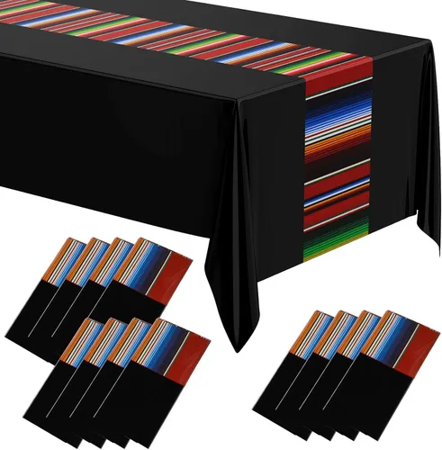 Miniatura 20 de Oudain Mantel de plástico para fiesta, 3 piezas, 108 x 54 pulgadas, desechables, impermeables, mexicanos, a rayas, para noche de tacos, festivales
